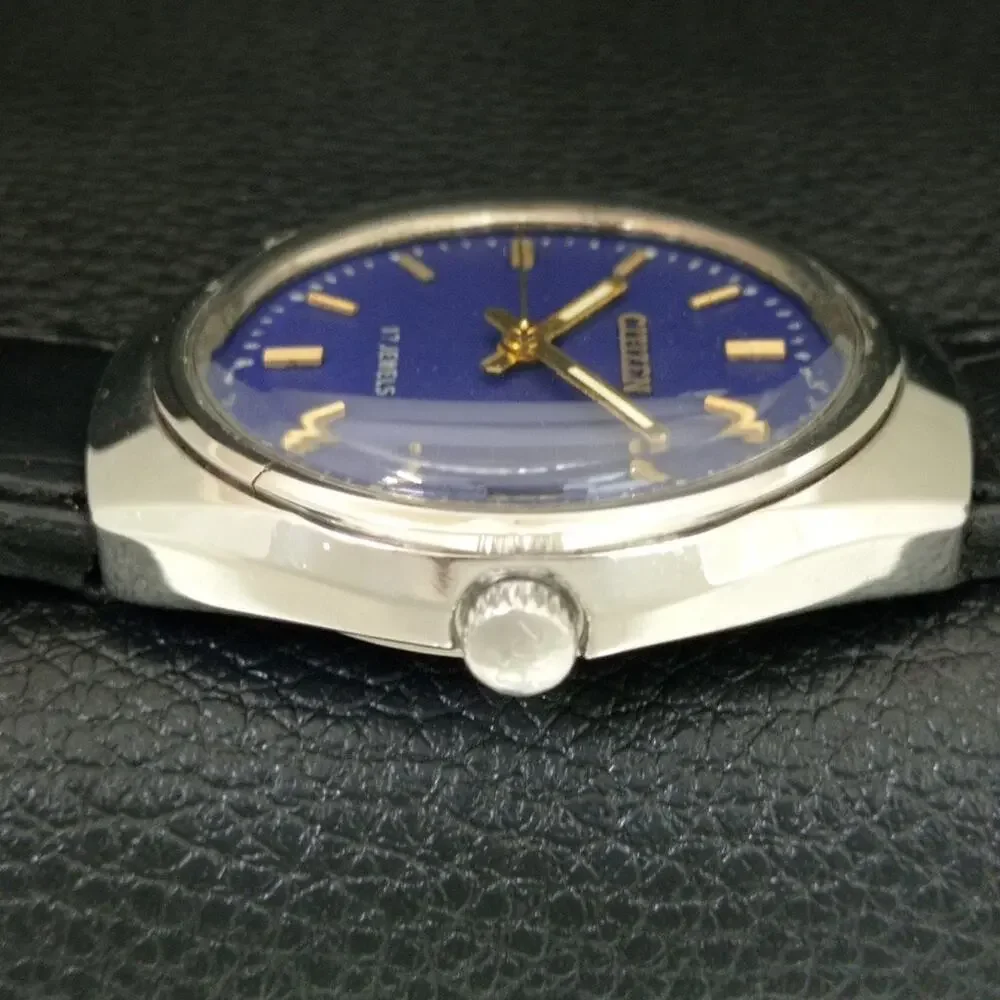 Vintage 1987 Citizen Manual Wound Mens Silver Watch W/Date & Blue accents